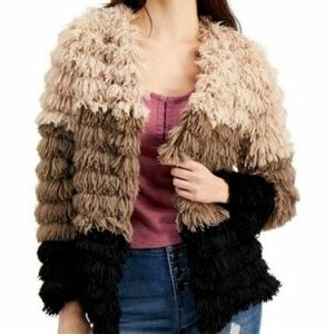 Sage Colorblocked Fringe Faux-Fur Multi-Color Coat Women's. Size XS. NWT…